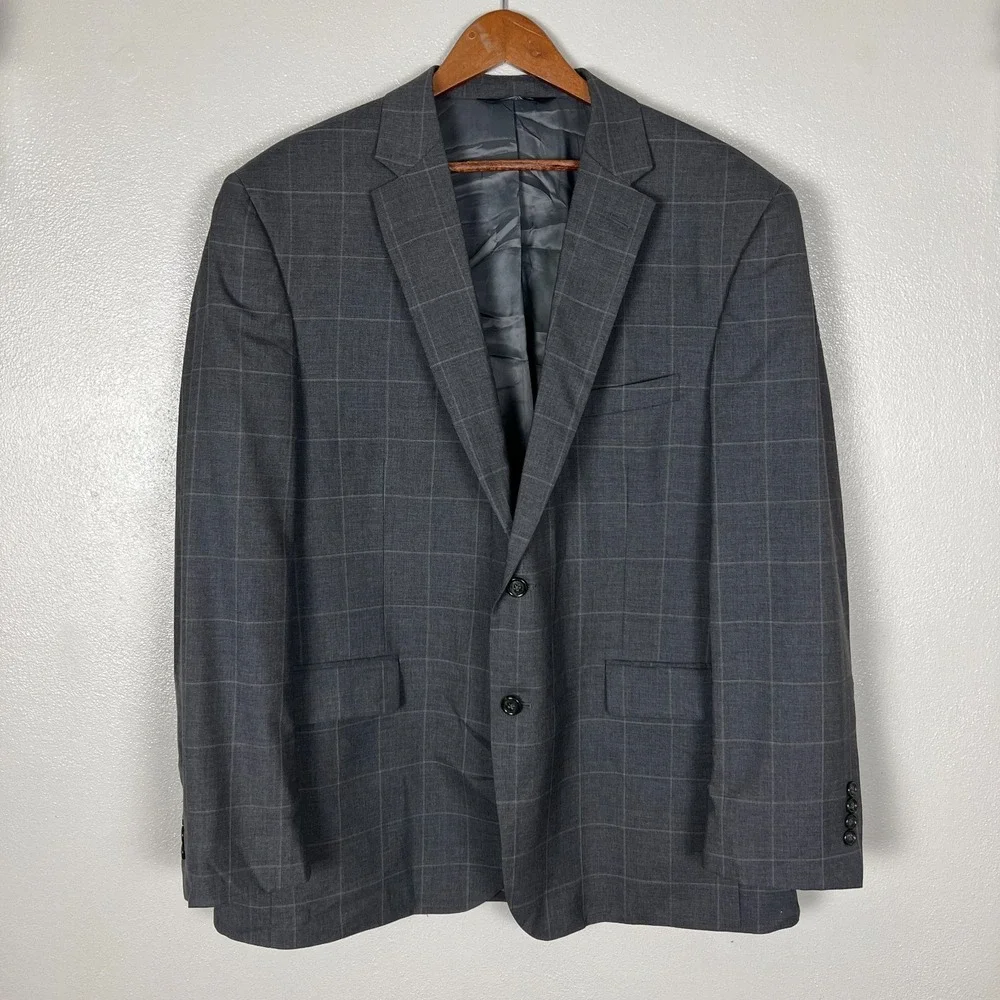 Jos A Bank Executive Sport Coat Suit Jacket Men 46R Gray Windowpane Wool Classic